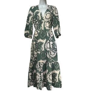 ba&sh Ferae Floral Linen Printed Long V-neck Midi Dress Size M